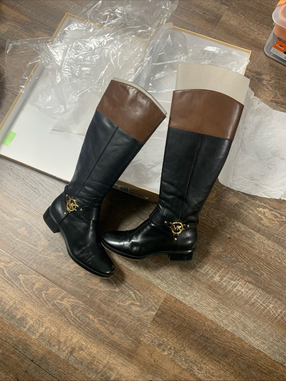 Michael Kors Black and Brown Leather Knee Boots with Gold MK Emblem